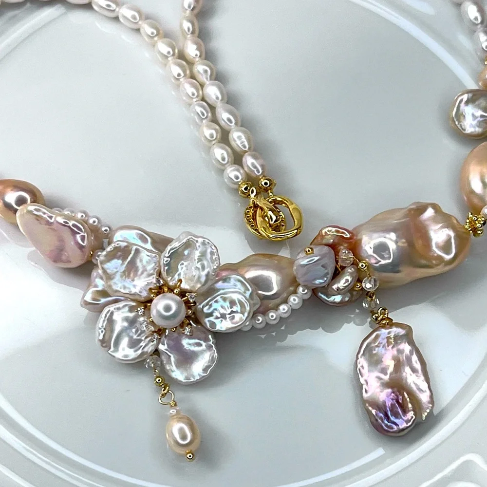 Handmade Premium Champagne Freshwater Keshi Pearl Flower 🌺 Braided Necklace - Picture 4 of 6